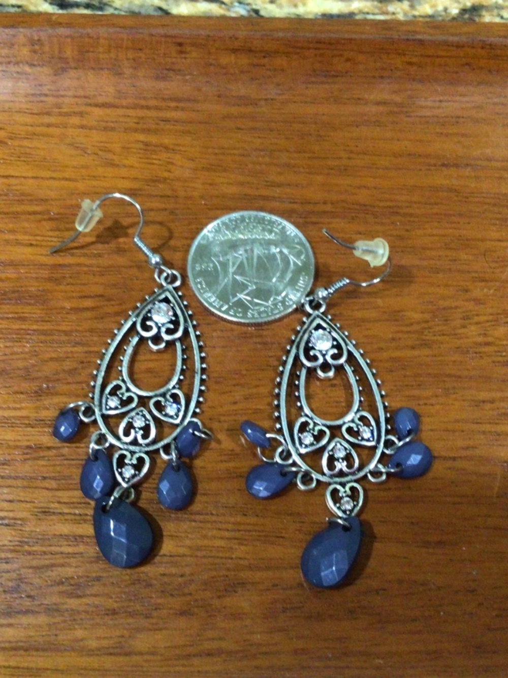 Three pair of silver tone earrings with rhinestones and beads. New without tags - Picture 5 of 7